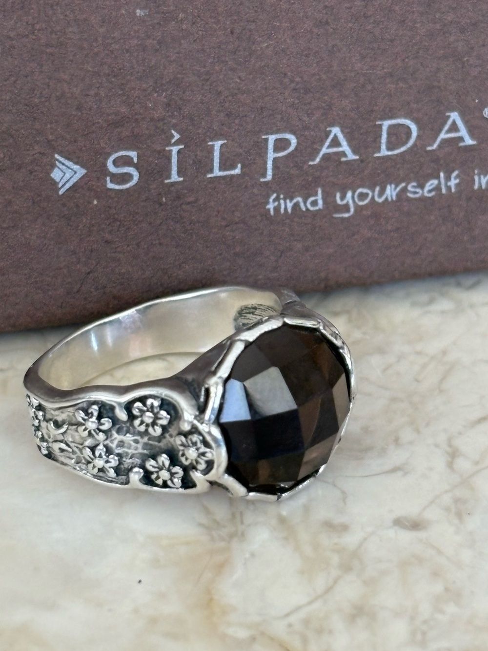 Retired Vintage Silpada Smoky Topaz Ring | Sterling Silver 925 | Floral Band